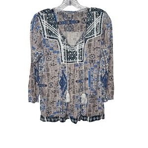 Lucky Brand Bohemian Top M Blue Tan White Print Tassels Festival